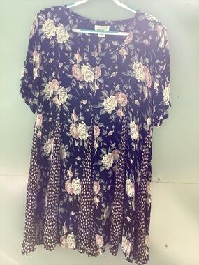M L 1990 American Angel Black Pink Roses Gored Vintage Dress